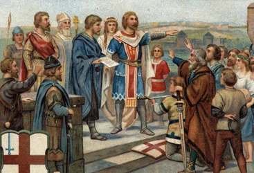 Episódios históricos de cidades famosas: Alfredo o Grande (849-899) devolve Londres aos seus antigos habitantes (886), a "Paz de Alfredo e Guthrum" marcou a vitória dos anglo-saxões contra os dinamarqueses (= Viking). Cromolitografia do século XIX.