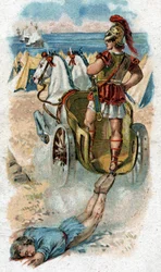 História da vida de Aquiles, herói lendário da Guerra de Troia: Aquiles arrasta o corpo de Heitor atrás do seu carro. Cromolitografia de 1890.