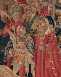 História de São Piat e Santa Eleutério, Cena 12: A ressurreição da filha do tribuno (Como Jehsucristo recuperou o bom santo e ressuscitou por tímida a filha do tribuno apresenta seu pai e o comum). Detalhe.