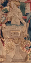 História de São Piat e Santa Eleutério, Cena 13: Baptismo de Blanda (Como os bons santos baptizaram a menina tribuna que foi ressuscitada dos mortos por um mistério muito grande: Blande que para o bom santo era mãe). Detalhe.