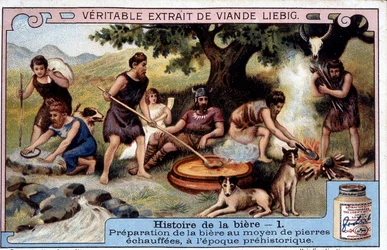 História da cerveja: preparação da cerveja com pedras quentes na pré-história - Liébig¿ autocolante publicitário