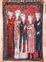 História do direito canônico: "Cena de noivado" Miniatura tirada do "Decret de Gratien" ("Concordia discordantium canonum" ou "Decretum Gratiani") datada de 1140 e que regula as leis e os cânones da Igreja Católica Romana. Século XIII Laon, Mun
