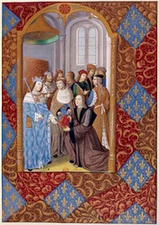 História da impressão: o editor Antoine Verard (? -1513) apresenta o seu livro ao Rei Carlos VIII. A partir de um manuscrito de 1494