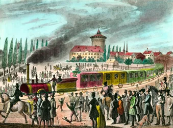 História dos transportes públicos: o caminho-de-ferro entre Paris e Versalhes. Gravura do século XIX. Colecção privada
