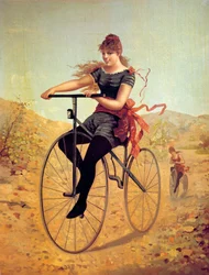 História da bicicleta: velocipedista ou uma mulher pedalando em uma bicicleta. Impressões do século XIX