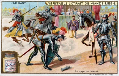 História da luva: lançar a luva, penhor de batalha em torneios de cavaleiros - Liebig chromolithography