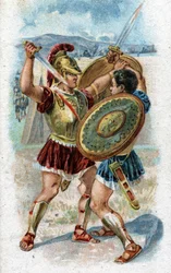 História da vida de Aquiles, herói lendário da Guerra de Troia: Aquiles luta contra Heitor para vingar a morte de Pátroclo. Cromolitografia de 1890.