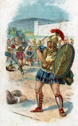 História da vida de Aquiles, herói lendário da Guerra de Troia: Pátroclo obtém de Aquiles autorização para salvar os Gregos levando as suas armas. Será morto por Heitor, que toma as armas de Aquiles como despojo. Cromolitografia de 1890.