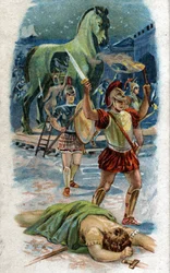 História da vida de Aquiles, heróis lendários da Guerra de Tróia: A Captura de Tróia. Aquiles à frente da cidade graças ao cavalo. Cromolitografia de 1890.