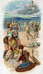 História da vida de Aquiles, herói lendário da Guerra de Troia: morte de Aquiles, ao pé das muralhas de Troia, o seu calcanhar, o seu ponto fraco, é trespassado por uma flecha disparada por Páris. Cromolitografia de 1890.