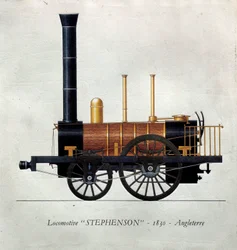 História do transporte: bordo representando uma locomotiva "Stephenson" feita na Inglaterra