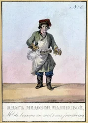 Comerciante de bebidas de mel e framboesa na Rússia, no século XIX. Ilustração do século XIX.