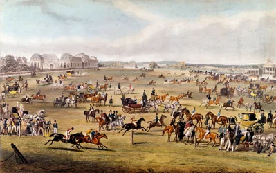 Corrida de cavalos em Chantilly sob o patrocínio do Duque de Orleans Engraving de 1841. Coleção Particular