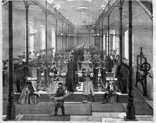 Hôtel de la Monnaie em Paris: vista da oficina de laminagem e corte onde serão fabricadas as novas moedas de vinte e cinco francos conhecidas como «imperadores» - gravura em «Le Journal illustré»