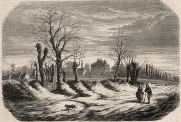 Casa de George Sand (1804-1876) (Aurore Dupin), Baronesa Dudevant a Nohant Vic (Nohant-Vic) no Indre (36). Gravura em "Le Monde illustrious" de 1857. Coleção privada.