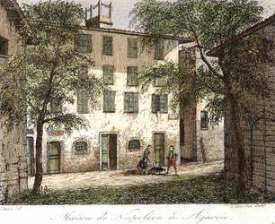 Casa de Napoleão em Ajaccio - Gravura a cores do século XIX