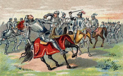 Guerra dos Cem Anos: Jean Talbot (1390-1453) (John Talbot) 1º Conde de Shrewsbury, 7º Barão Cavaleiro Talbot da Jarreteira em 1424 mata na Batalha de Castillon em 1453. cromolitografia