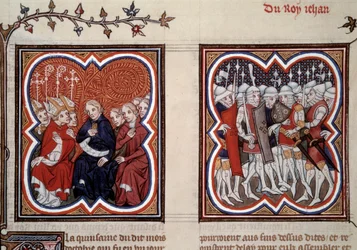 Guerra dos Cem Anos: "À esquerda o futuro golfinho Carlos V, o sábio (1338-1380) (regente nesta época) e os conselheiros dos Estados Gerais ordenaram a libertação de seu pai João II após a batalha de Poitiers em 1356, ele foi cercado por Etien