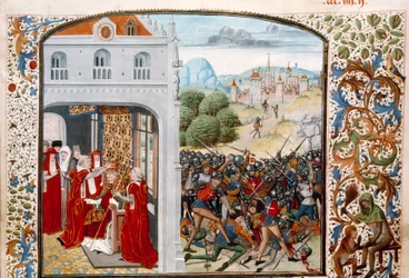 Guerra dos Cem Anos: "O Papa Gregoire XI (1329-1378) coroou Avignon em 1370. A Batalha de Pontvallain entre franceses e ingleses em 4/12/1370" Miniatura de "Chronicles" de Jean Froissart (1337-1400) Paris do século XV. B.N.