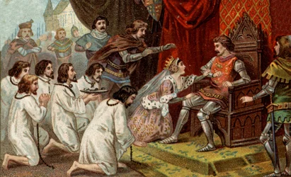 Guerra dos Cem Anos. Os burgueses de Calais: devoção de Eustáquio de São Pedro e seus companheiros ao rei Eduardo III de Inglaterra imploram sua graça, apoiados pela rainha Philippa de Hainaut (1311-1369). Cromolitografia do final do século XIX.