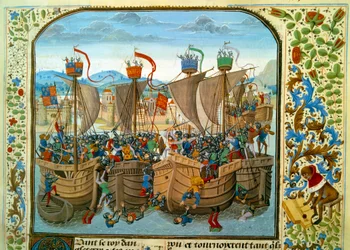 Guerra dos Cem Anos: "A batalha naval dos Eclusos, Sluis (Holanda) em 20/06/1340 que opôs o francês Philippe VI de Valois ao inglês de Edward III" Miniatura tirada de "Chronicles" por Jean Froissart (1337-1400) do século XV. Paris. B.N