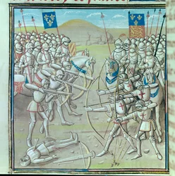 Guerra dos Cem Anos: a batalha de Crecy em 26/08/1346 entre os franceses e os ingleses. Miniatura de um manuscrito do século XIV de Paris, Bibliotheque de l
