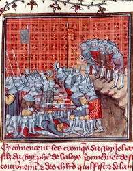 Guerra dos Cem Anos: "O Rei da França João II o Bom (1319-1364) durante uma batalha" Miniatura tirada de "Les grandes Chronicles de France" de Jean Froissart (1337-1400) Chantilly do século XIV, Musee Conde