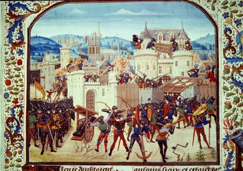Guerra dos Cem Anos: o saco da cidade de Aubenton na Picardia pelo Conde Jean de Hainaut em 1340. Miniatura de "Chronicles" de Jean Froissart (1337-1400) Paris. B.N.