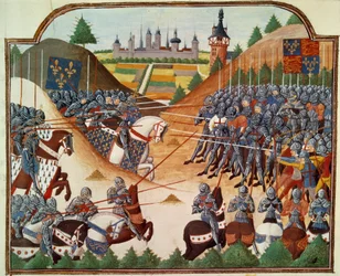Guerra dos Cem Anos: a batalha de Formigny (Calvados) em 15/04/1450 entre o exército inglês de Thomas Kyriell e Jean de Clermont. Miniatura iluminada a partir do manuscrito "Vigiles du roi Charles VII" nas crônicas de Jean Chartier, editado por Mar