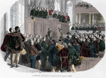 Revolução Húngara de 1848: primeira reunião da Assembleia Nacional na Hungria em 5 de julho de 1848. Gravura em «Hungria Histórica» de J. Boldenyi, Paris 1853
