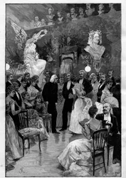 O compositor e pianista húngaro Franz Liszt (1811-1886) em Paris, durante uma celebração em sua homenagem na oficina do escultor Cyprian Godebski (1835 - 1909). Gravura em "Le Monde illustrious" (Le Monde ilustre)