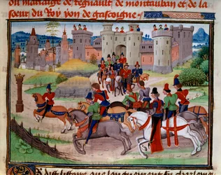 Cena de caça. Miniatura do manuscrito "Renaud de Montauban" ou "Les quatre fils Aymon" de Loyset Liedet (activo entre 1448 e 1478). Ms. 5073. Bibliotheque de l
