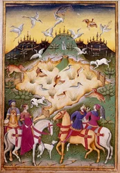 Cena de caça com falcões Miniatura de "Treat falconry and venerie with the motto and emblema of the Duke of Sforza" 1459 (ms. 1375) Chantilly, Musee Conde