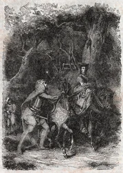 Hypalca Arreted by Rodomont - Gravura de 1851 de "Furious Roland" (Orlando furioso) (século XVI) de Ludovico Ariosto, conhecido como Ariosto - Edição traduzida do italiano pelo Conde de Tressan e publicada por Gustave Harvard 1851