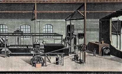 Fabricação de gelo: instalação alfandegária. Gravura do século XIX