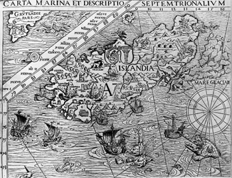 Islândia, cerca de 1539, detalhe de Carta marina do arcebispo sueco Olaus Magnus (1490-1557)