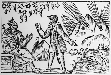 Ictiomancia: adivinhação através do movimento dos peixes - em «Historia de Gentibus Septentrionalibus» (História dos povos do Norte), de Olaus Magnus, Roma 1555
