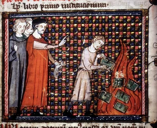 Iconoclastas a atirar miniaturas de manuscritos para o fogo. Manuscrito do século XIV.