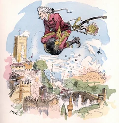 Ilustração de Albert Robida em "Histoire et aventures du Baron de Munchausen (Munchhausen), H. Laurens Ed., final do século XIX".