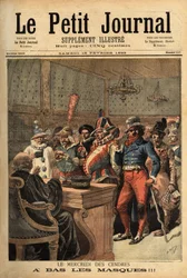 Ilustração para a Quarta-feira de Cinzas, após o Carnaval do Carnaval de Carnaval, os trajes de festa passam em frente ao juiz para se desvelarem. Gravação no "Le petit journal" 18/02/1893. A coleção de Selva.