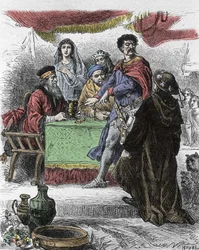Ilustração para "Ivanhoe" de Walter Scott (1771-1832), escritor escocês: Ivanhoe é desafiado pelo Cavaleiro Saxão Brian de Bois Guilbert.