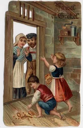 Ilustração para a história dos irmãos Grimm "Hansel e Gretel": Hansel e Gretel voltaram às suas casas, deram aos seus pais as jóias que tinham tido. Cromolitografia do final do século XIX.
