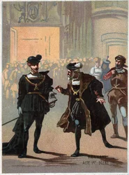 Ilustração de "Ernani" do compositor italiano Giuseppe Verdi (1813 - 1901), ato 1, cena II da ópera criada em 1844 após a tragédia "Hernani" de Victor Hugo. Cromolitografia do final do século XIX.