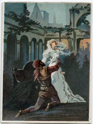 Ilustração de "Ernani" do compositor italiano Giuseppe Verdi (1813 - 1901), ato 2, cena IV de ópera criada em 1844 após a tragédia "Hernani" de Victor Hugo. Cromolitografia do final do século XIX.