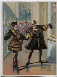 Ilustração de "Ernani" do compositor italiano Giuseppe Verdi (1813 - 1901), ato 3, cena VI da ópera criada em 1844 após a tragédia "Hernani" de Victor Hugo. Cromolitografia do final do século XIX.
