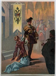 Ilustração de "Ernani" do compositor italiano Giuseppe Verdi (1813 - 1901), ato 4, cena IV da ópera criada em 1844 após a tragédia "Hernani" de Victor Hugo. Cromolitografia do final do século XIX.