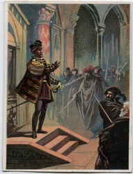 Ilustração de "Ernani" do compositor italiano Giuseppe Verdi (1813 - 1901), ato 4, cena I opera criada em 1844 após a tragédia "Hernani" de Victor Hugo. Cromolitografia do final do século XIX.