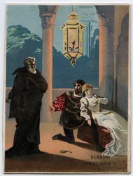 Ilustração de "Ernani" do compositor italiano Giuseppe Verdi (1813 - 1901), ato 5, cena VI da ópera criada em 1844 após a tragédia "Hernani" de Victor Hugo. Cromolitografia do final do século XIX.
