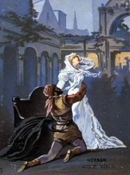 Ilustração de "Ernani" do compositor italiano Giuseppe Verdi (1813 - 1901), acto II, cena 4, ópera criada em 1844 após a tragédia "Hernani" de Victor Hugo. cromolitografia do final do século XIX.