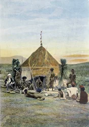 Ilustração de um campo telegráfico perto de Uarai, na Nova Caledônia.
